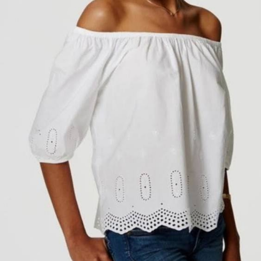 Loft off the shoulder embroidered white top.